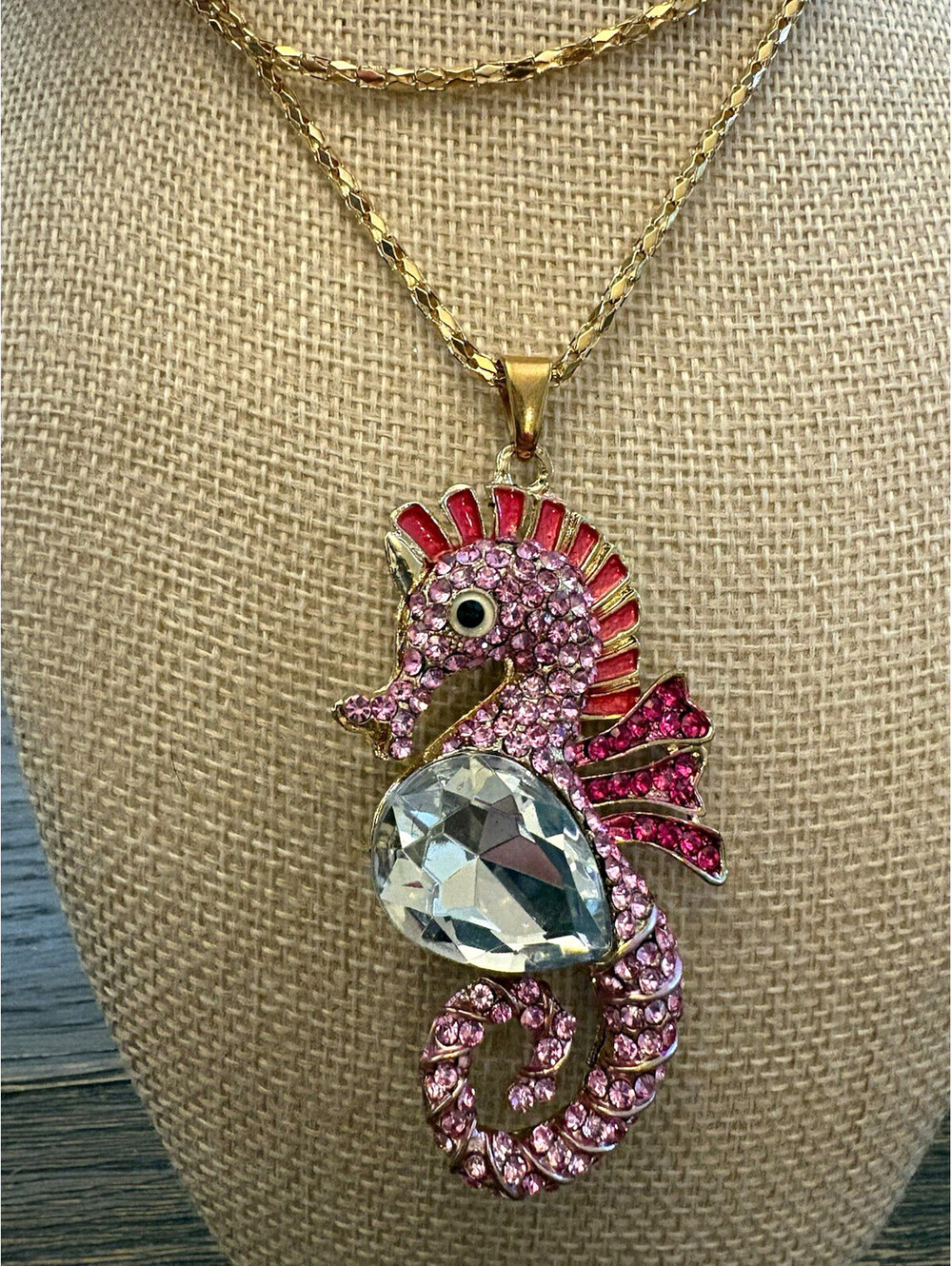 Betsey Johnson Pink Seahorse Necklace 36” & Crystal